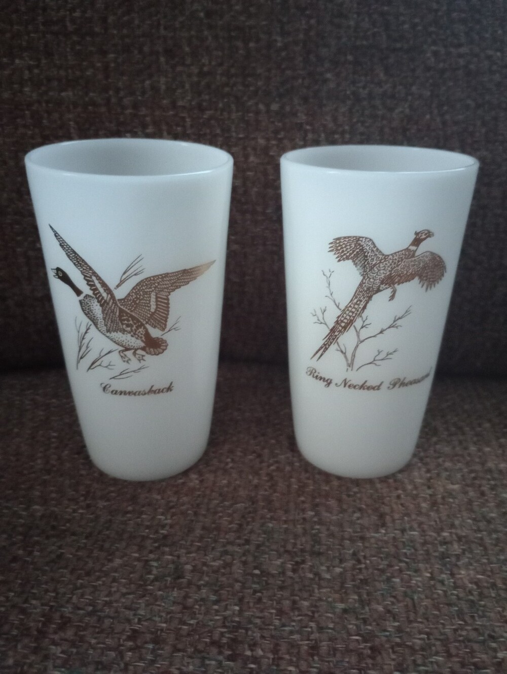 Vintage Federal Glass Co White Milk Glass Game Bird Tumblers - Pair